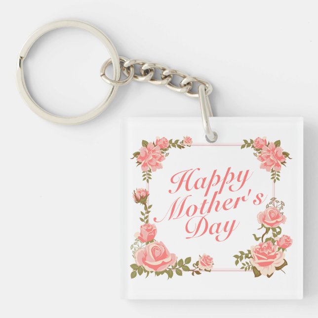 Simple Happy Mother's Day Floral Frame Keychain (Front)