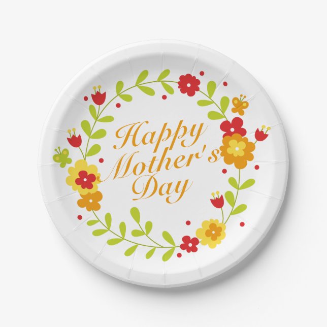 Simple Happy Mother's Day Floral Paper Plate (Front)