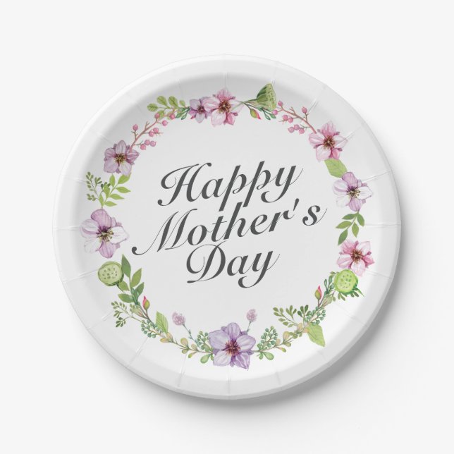 Simple Happy Mother's Day Floral Paper Plate (Front)
