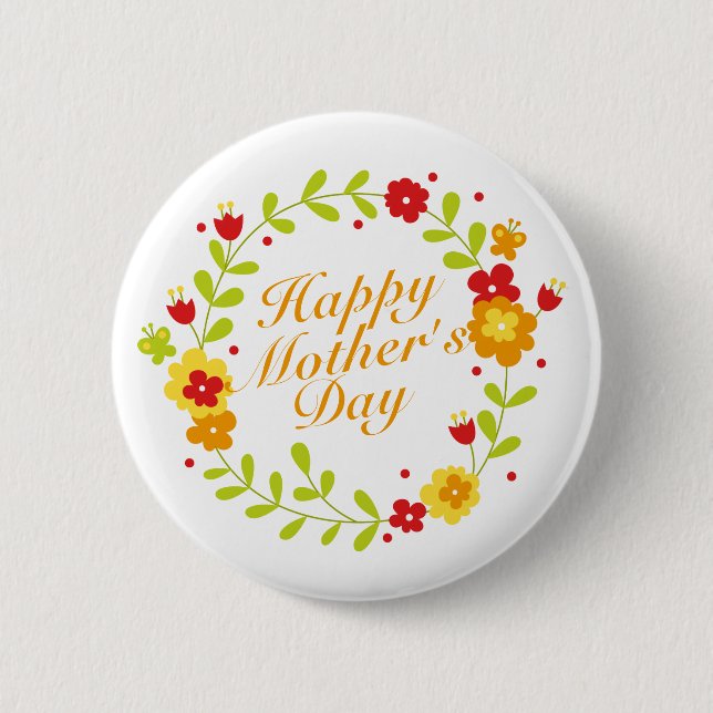 Simple Happy Mother's Day Floral Wreath Button (Front)