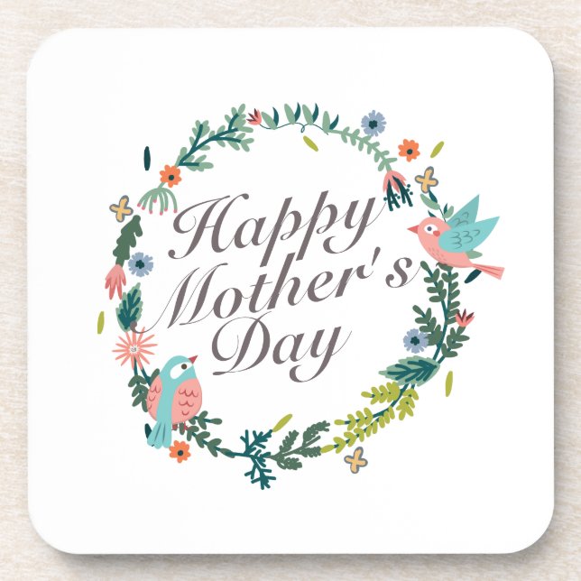 Simple Happy Mother's Day Floral Wreath Coaster (Front)