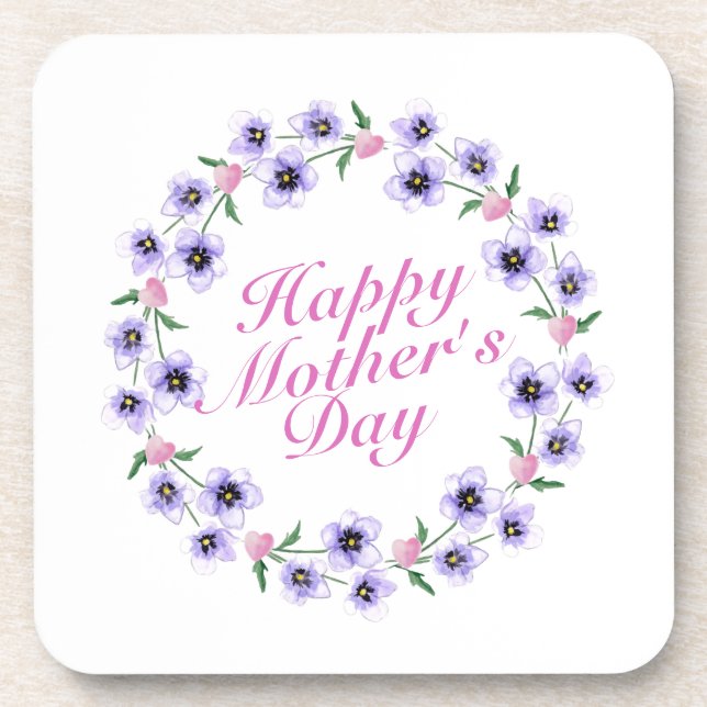 Simple Happy Mother's Day Floral Wreath Coaster (Front)