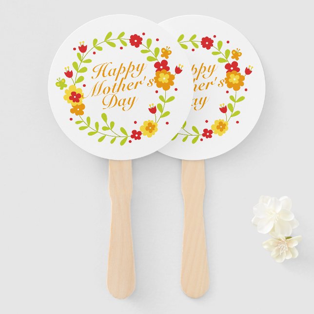 Simple Happy Mother's Day Floral Wreath Hand Fan (Front and Back)