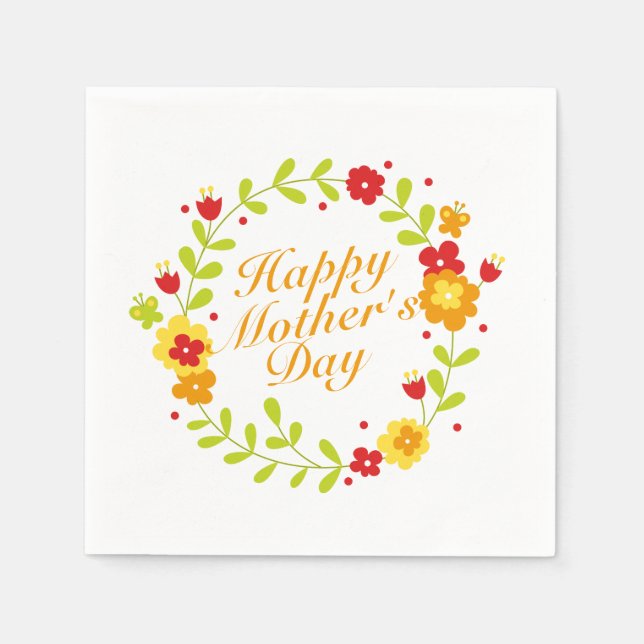 Simple Happy Mother's Day Floral Wreath Napkin (Front)