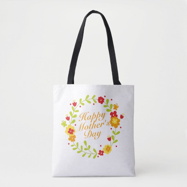 Simple Happy Mother's Day Floral Wreath Tote Bag (Front)