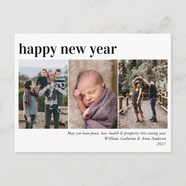 Simple Happy New Year Minimal Chic 3 Photo Collage Holiday Postcard (Front)