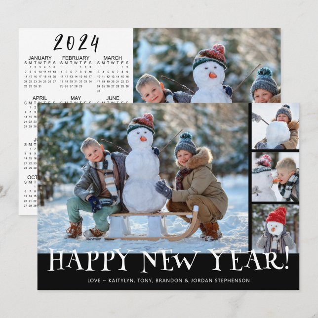 Simple Happy New Year Photo Collage 2024 Calendar  Holiday Card (Front/Back)