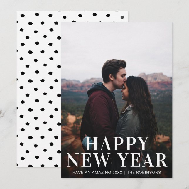 Simple Happy New Year Photo Modern Holiday Card (Front/Back)