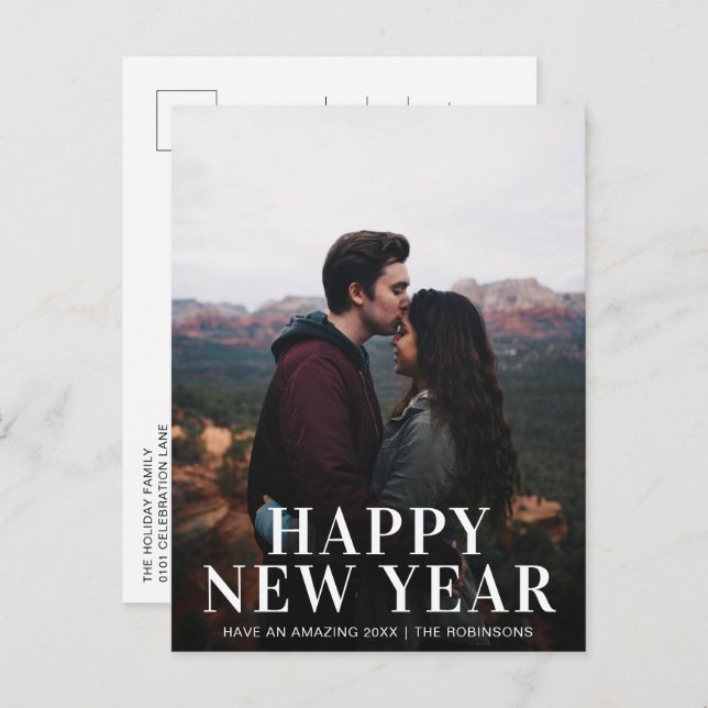 Simple Happy New Year Photo Modern Holiday Postcard (Front/Back)
