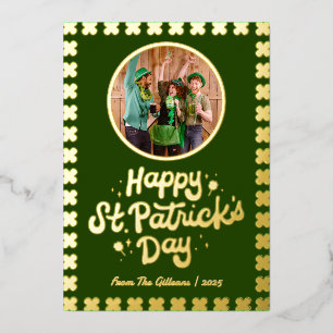 Simple Happy St patricks day Shamrocks Family Foil Holiday Card