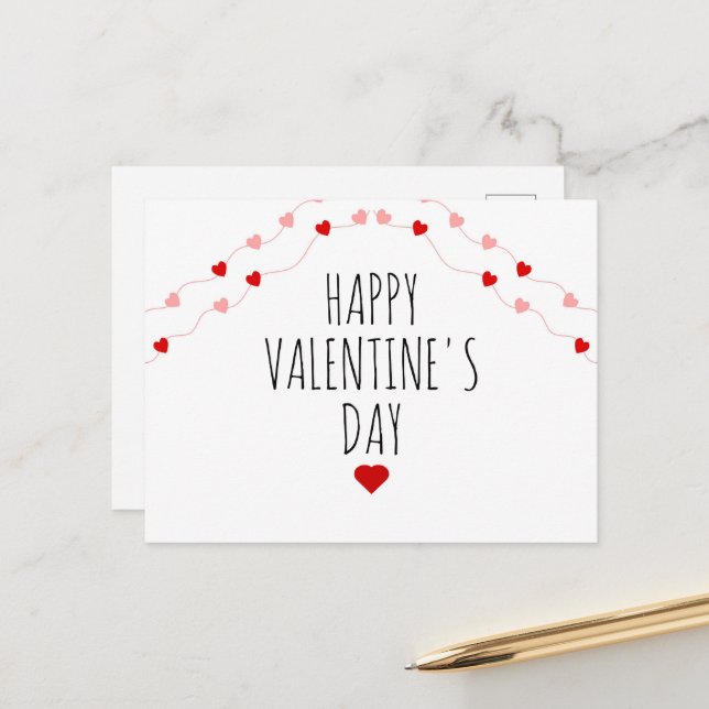 Simple Happy Valentines Day String Hearts Holiday Postcard (Front/Back In Situ)
