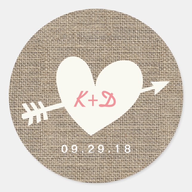 Simple Heart & Arrow Rustic Burlap Wedding Favour Classic Round Sticker (Front)