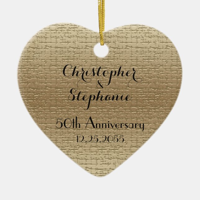 Simple Heart Golden 50th Anniversary, Names,  Ceramic Tree Decoration (Front)