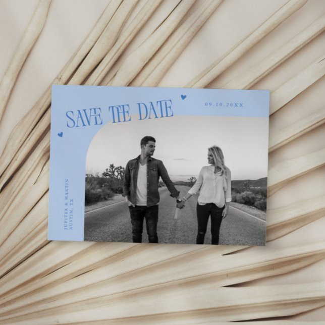 Simple Heart Icy Blue Curved Frame Photo Save The Date (Creator Uploaded)
