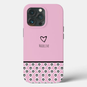 Simple Heart Pattern Repeat Border Pink Name iPhone 13 Pro Case