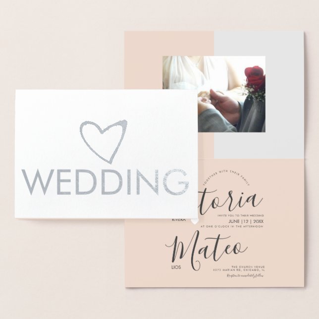 Simple Heart Script Typography Pink Grey Wedding Foil Card (Display)