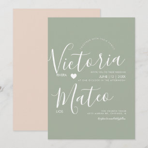 Simple Heart Script Typography Sage Wedding Invitation