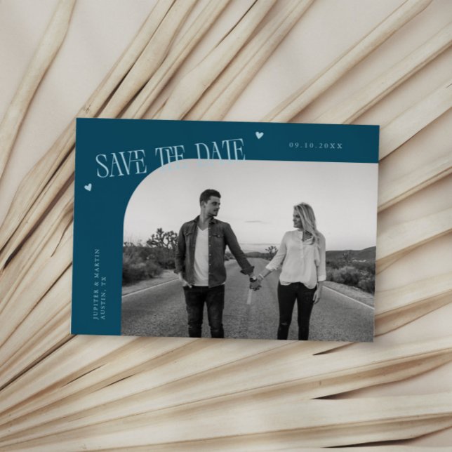 Simple Heart Teal Curved Frame Photo Save The Date (Creator Uploaded)