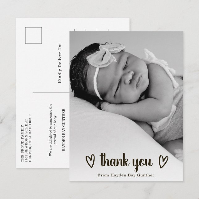 Simple Heart Thank You Photo Cute Birth Announcement Postcard (Front/Back)