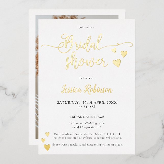 Simple hearts gold script chic bridal shower photo (Front/Back)