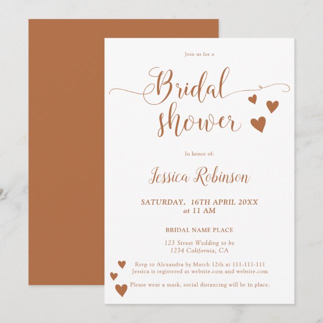 Simple hearts terracotta script chic bridal shower invitation (Front/Back)