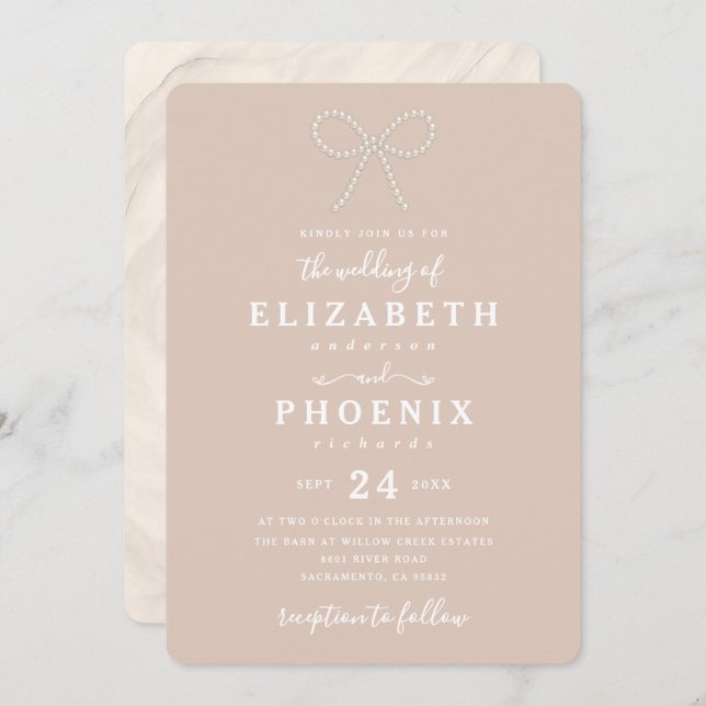Simple Heirloom Pink Pearl Bow Trendy Wedding Invitation (Front/Back)