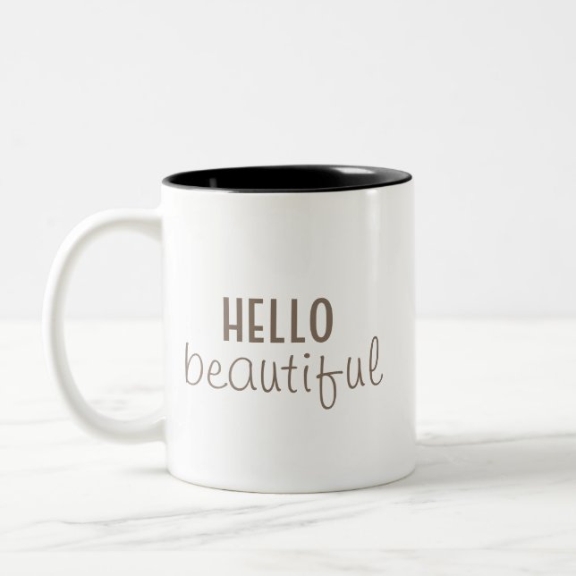 Simple Hello Beautiful Typography Two-Tone Coffee Mug (Left)