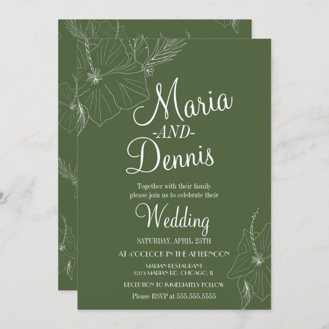 Simple HibiscusTropical Line Green Invitation (Front/Back)