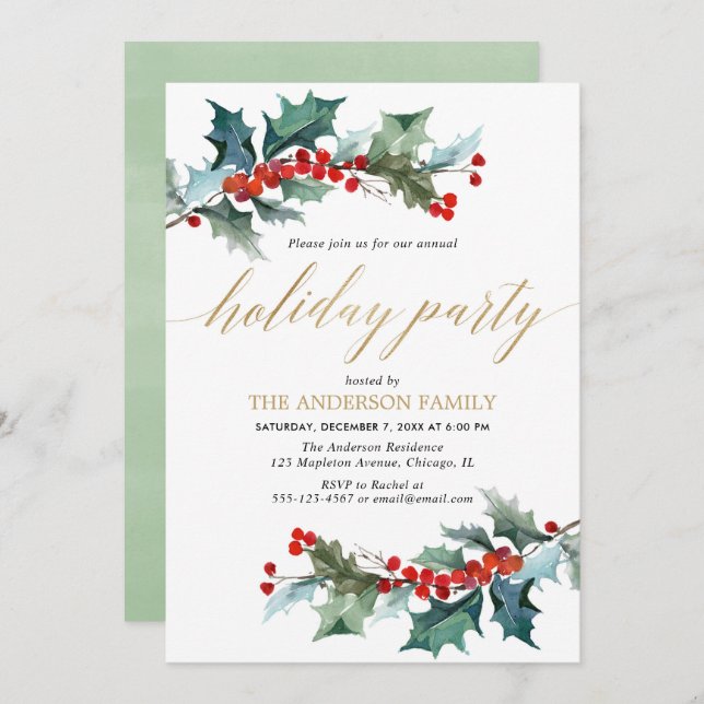 Simple holiday party green red holly gold greenery invitation (Front/Back)