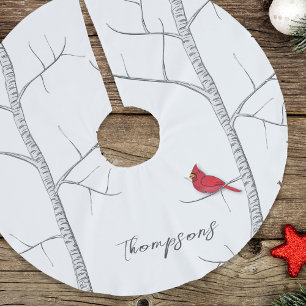 Simple Holiday Winter Red Cardinal Birch Tree  Brushed Polyester Tree Skirt