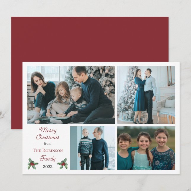 Simple Holly Berries Merry Christmas 4 Photo Holid Holiday Card (Front/Back)