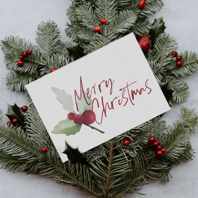 Simple Holly Berries Merry Christmas Watercolor Holiday Card (Creator Uploaded)