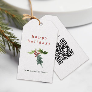 Simple Holly Berries QR code Corporate Holiday Gift Tags