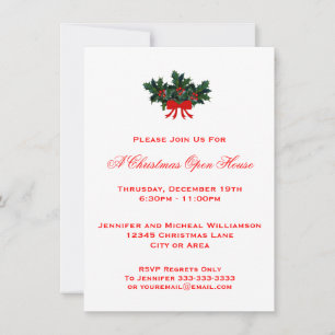 Simple Holly Christmas Open House or Party #2 Red Invitation