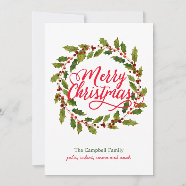 Simple Holly Wreath Modern Holiday Card (Front)