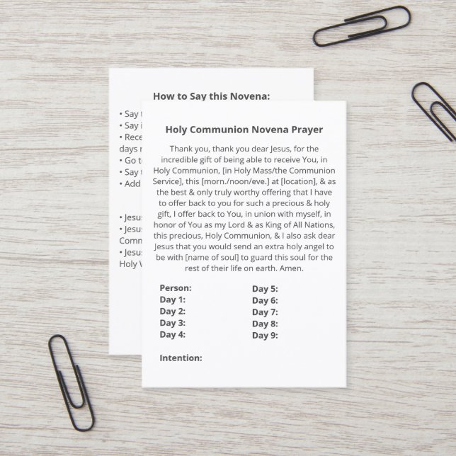 Simple Holy Communion Novena Prayer Card (Front/Back In Situ)