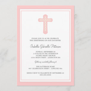 Simple Holy Cross Pink Girl Christening Invitation