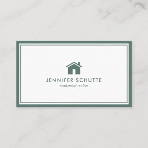 Simple Home Logo Green Gingham Pattern Realtor Business Card