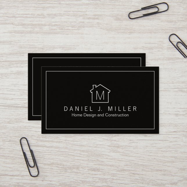 Simple Home Logo Monogram Modern Black and White Business Card (Front/Back In Situ)