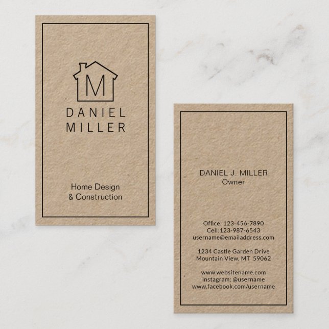 Simple Home Logo Monogram Vertical Kraft & Black Business Card (Front/Back)