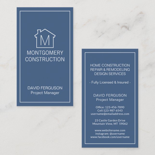 Simple Home Logo Monogram Vertical Navy Blue White Business Card (Front/Back)