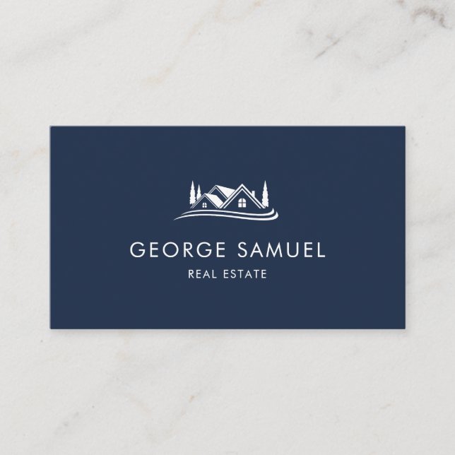 Simple Home Logo Navy Blue Realtor, Real Estate Business Card (Front)