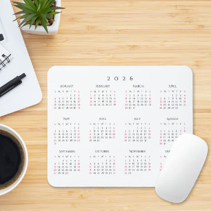 Simple Home Office 2026 Full Year Yearly Calendar Mouse Mat