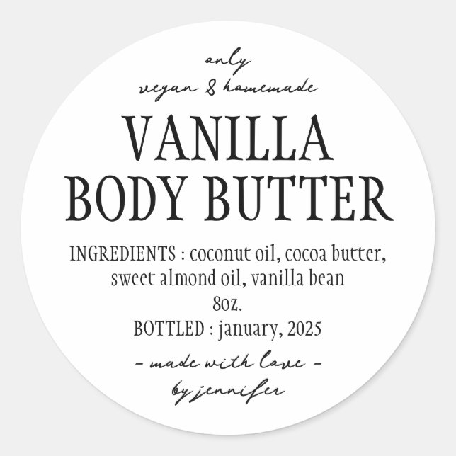 Simple Homemade Vanilla Body Butter Ingredient Classic Round Sticker (Front)