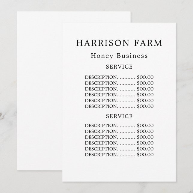 Simple Honey Farm Business Menu (Front/Back)