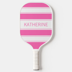 Simple Hot Pink and White Striped Custom Name Pickleball Paddle