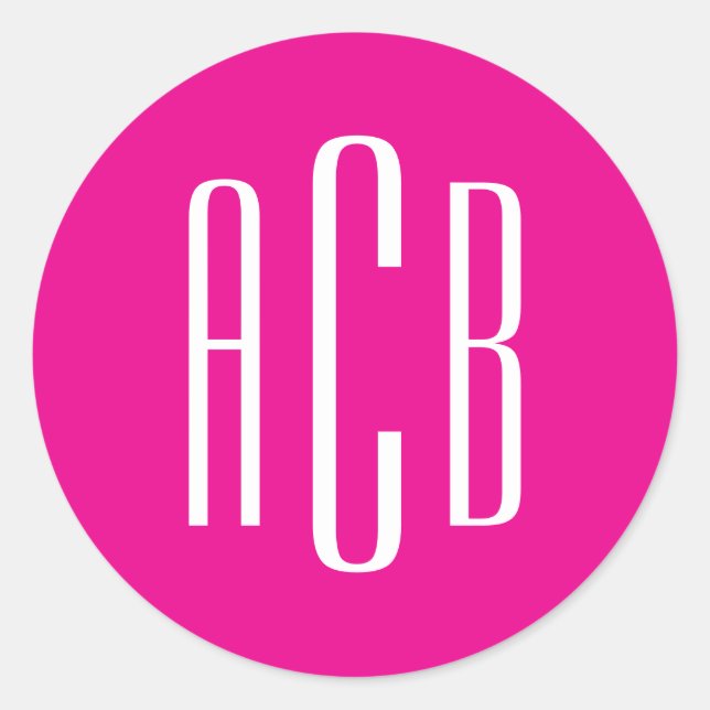 Simple Hot Pink and White Three Letter Monogram Classic Round Sticker (Front)