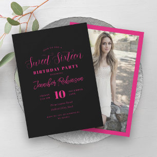 Simple Hot Pink Black Photo Sweet 16 Sixteen Invitation