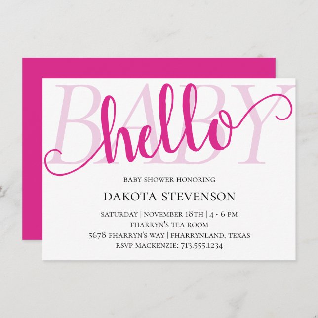 Simple Hot Pink Hello Baby | Magenta Script Shower Invitation (Front/Back)
