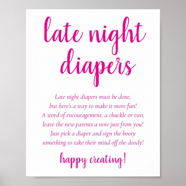 Simple Hot Pink Late Night Diapers | Baby Shower Poster (Front)